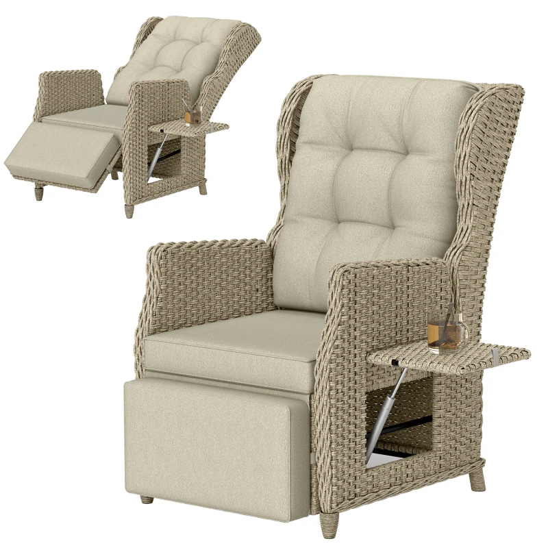 Outsunny Rattan Garden Recliner Chair, Reclining Garden Chair with Adjustable Back and Footrest, Flip Table, Cushion, Brown