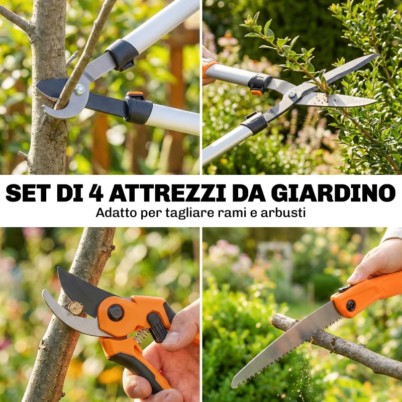 Outsunny Set da Giardinaggio 4 Pezzi con Cesoie, Troncarami, Forbici da Potatura e Seghetto Pieghevole