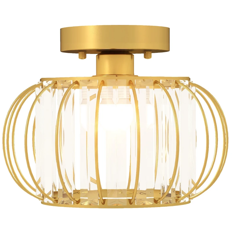 HOMCOM Plafonieră LED Modernă și Minimalistă cu Structură Tip Cușcă și 18 Cristale, din Metal Auriu, Ø27x19 cm