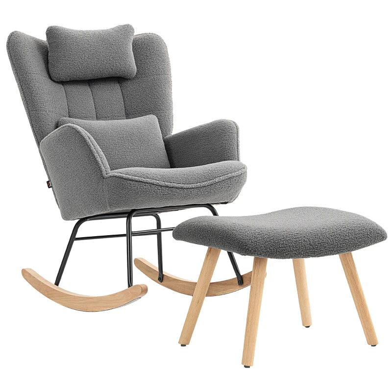 HOMCOM Rocking Chair with Footstool, Sherpa Fleece Armchair with Wooden Legs and Pillow, High Backrest Lounge Chair for Adults, Nursery, Living Room, Bedroom, Charcoal Grey