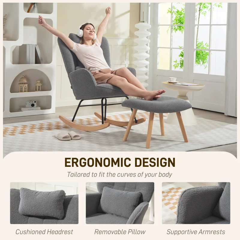 HOMCOM Rocking Chair with Footstool, Sherpa Fleece Armchair with Wooden Legs and Pillow, High Backrest Lounge Chair for Adults, Nursery, Living Room, Bedroom, Charcoal Grey