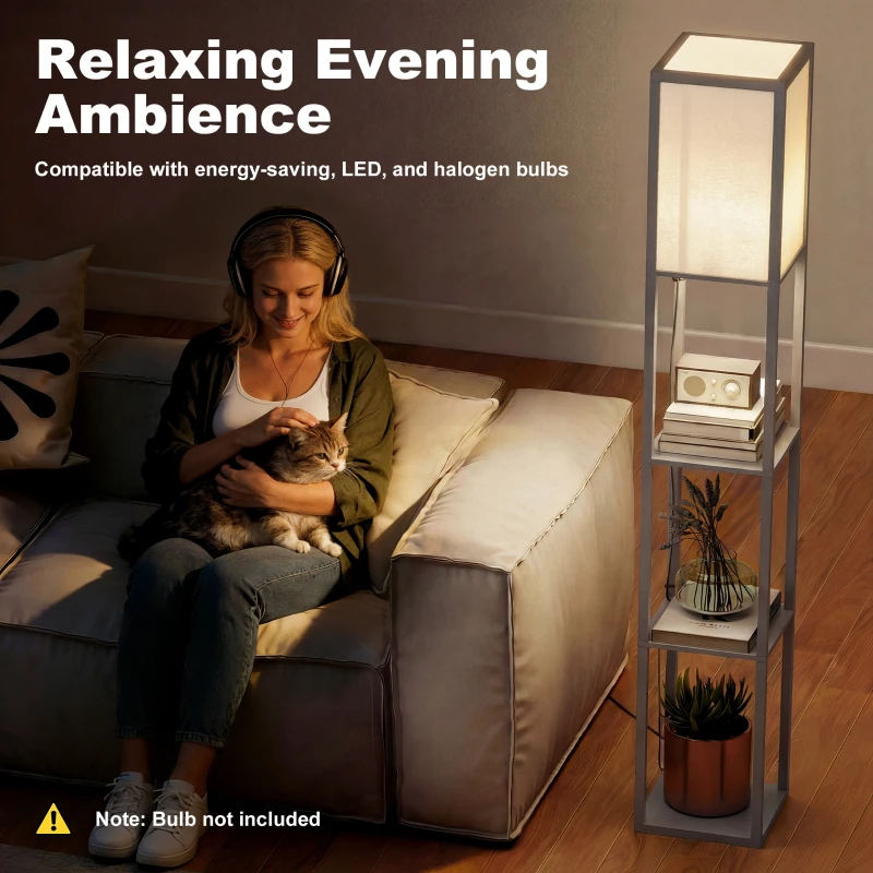 HOMCOM 3-Tier Floor Lamp with Shelves and Storage, Modern Corner Standing Lamp with Lampshade, Reading Light with Foot Switch for Living Room, Bedroom, Home Office, Bulb not Included, Grey