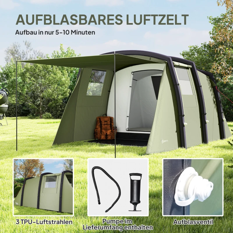 Outsunny Aufblasbares Campingzelt 3-6 Personen Outdoor Tunnelzelt mit Seitenfenstern Tür Luftträger 4,4 x 2,8 x 1,95 m Grün