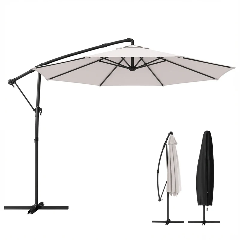 Outsunny 3 m Garden Cantilever Parasol with Cover, Round Overhanging Umbrella with 360° Rotation, Tilt, Cream White