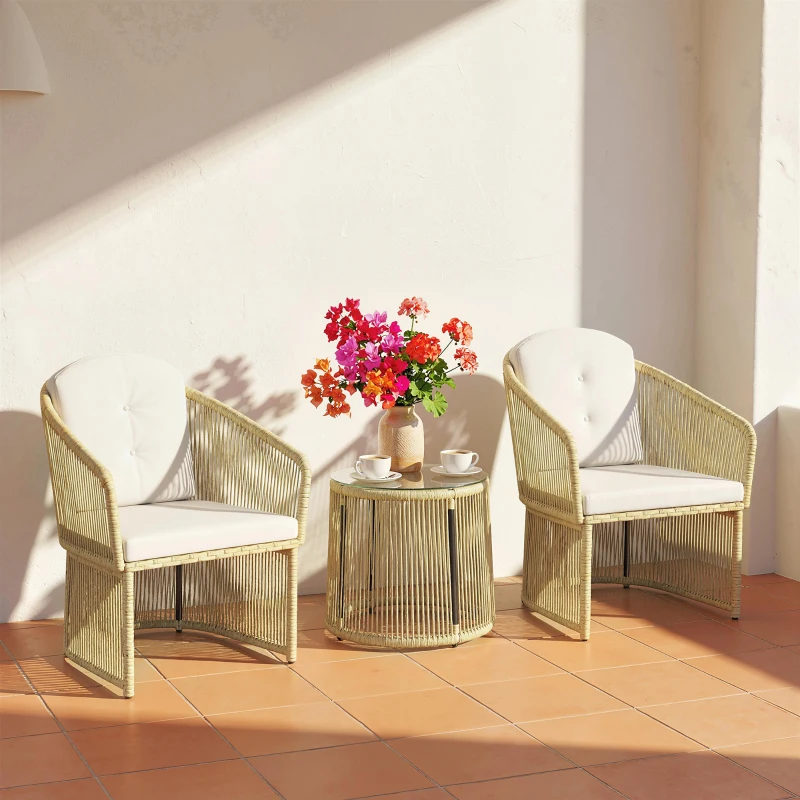 Outsunny Conjunto de Jardim Exterior em Resina Trançada 2 Pessoas Mesa de Jardim Exterior com 2 Cadeiras com Almofadas Creme