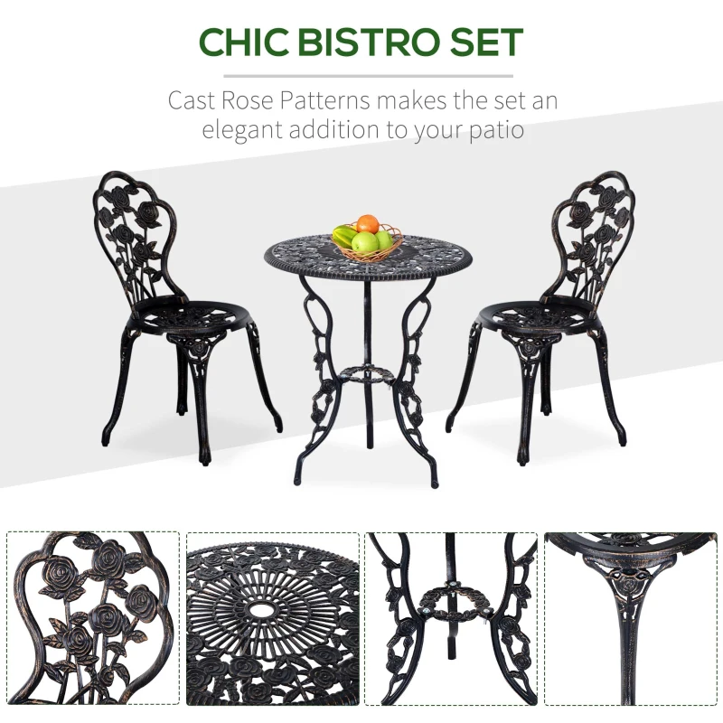 Outsunny 3 PC Bistro Set, Cast Aluminum, Steel-Bronze