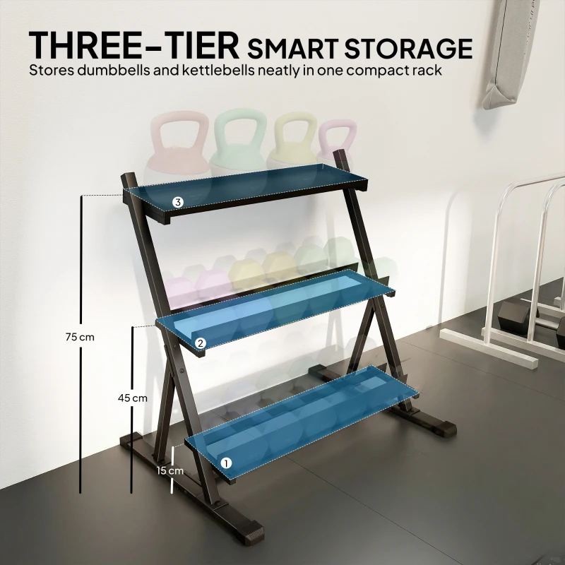 SPORTNOW 3-Tier Adjustable Dumbbell Rack, Heavy-Duty Weight Rack for Dumbbells, Kettlebells and Multiple Balls, Space-Saving Weight Storage Stand for Home Gym, 200 KG Capacity