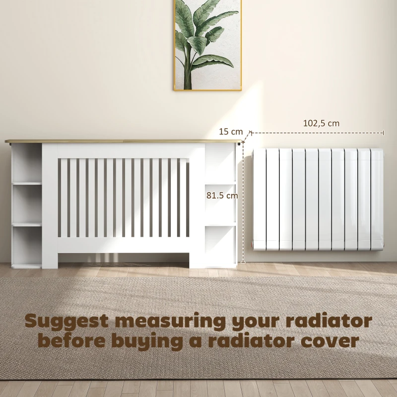HOMCOM Radiator Cover with Open Storage Shelves, Vertical Slatted Cabinet Shelf Heater Cover for Living Room, Hallway, Large, White