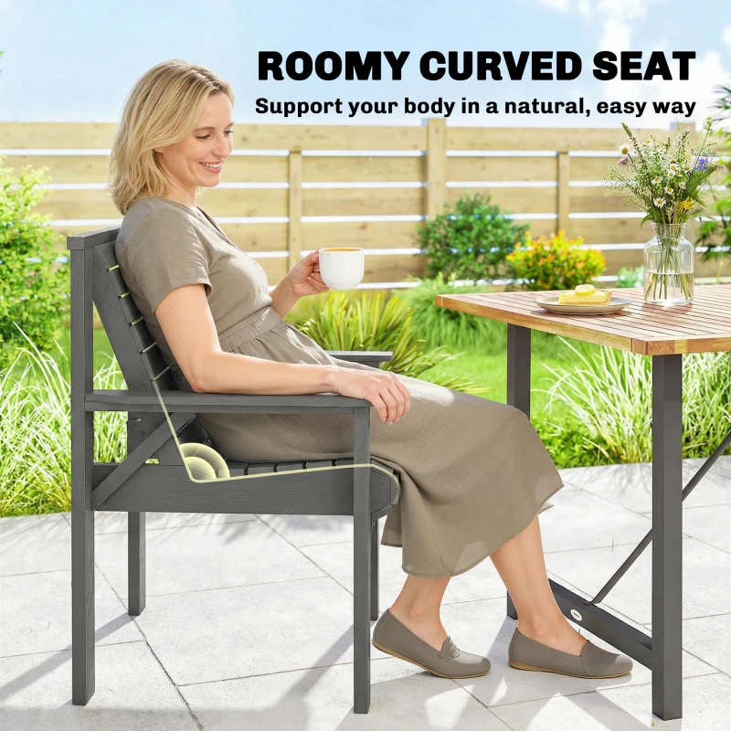 Outsunny Wooden Garden Dining Chair, Outdoor Chair Garden Armchair with Curved Seat and Wide Armrests, Grey Embossed Finish