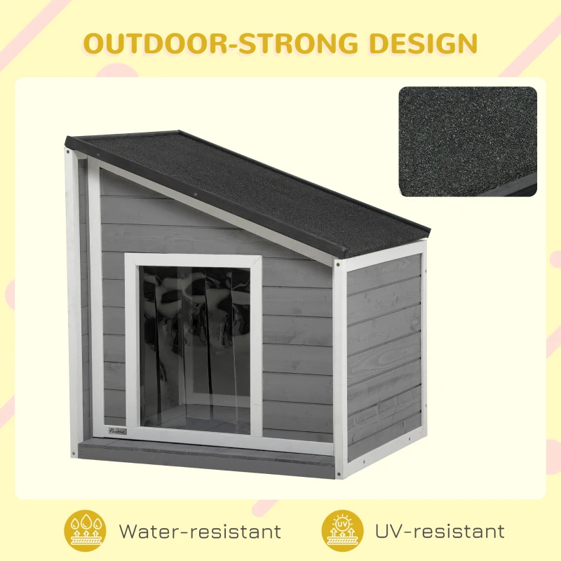 PawHut Domek dla psa z drewna sosnowego, odporny na warunki atmosferyczne, dach asfaltowy, 71 cm x 58 cm x 77 cm, Szary + Biały