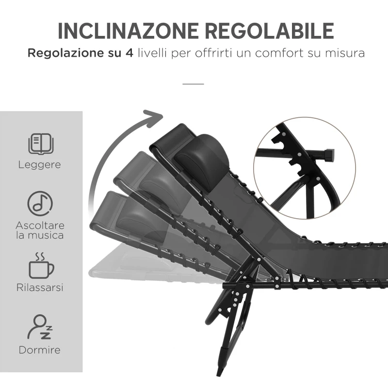 Outsunny Set 2 Lettini Prendisole in Acciaio con Schienale Reclinabile, 189x58x30 cm, Nero