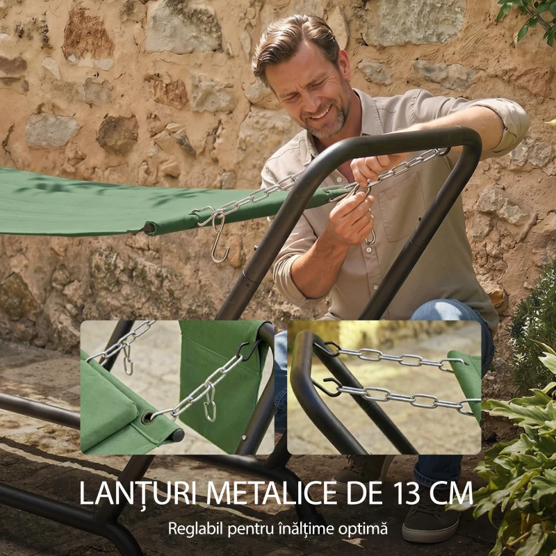 Outsunny Hamac de Exterior cu Suport, Hamac Autoportant cu Buzunar Lateral, Tetieră și Structură din Metal, Capacitate 150 kg pentru Grădină, Balcon, Terasă, 237 x 90 x 92 cm, Verde Întunecat