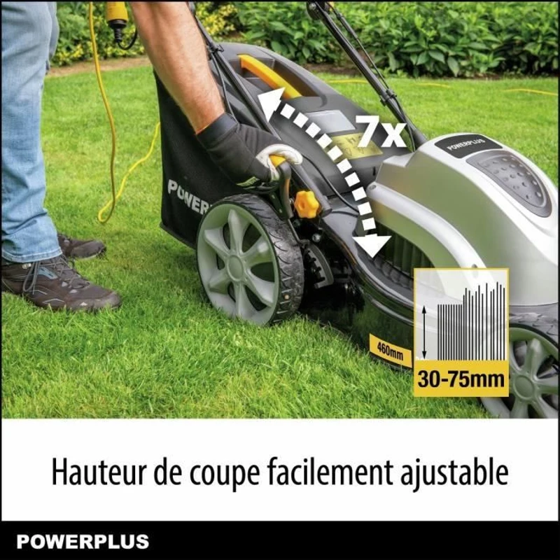 Tondeuse a gazon électrique - POWERPLUS - POWPG6290 - 1800 W - 460 mm Ø - Avec ramassage, mulching et éjection Arriere