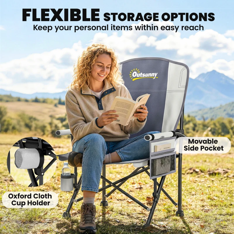 Outsunny Padded Camping Chair Adults Heavy Duty Folding Chair Side Pocket Cup Holder Carry Bag Outdoor Light Grey