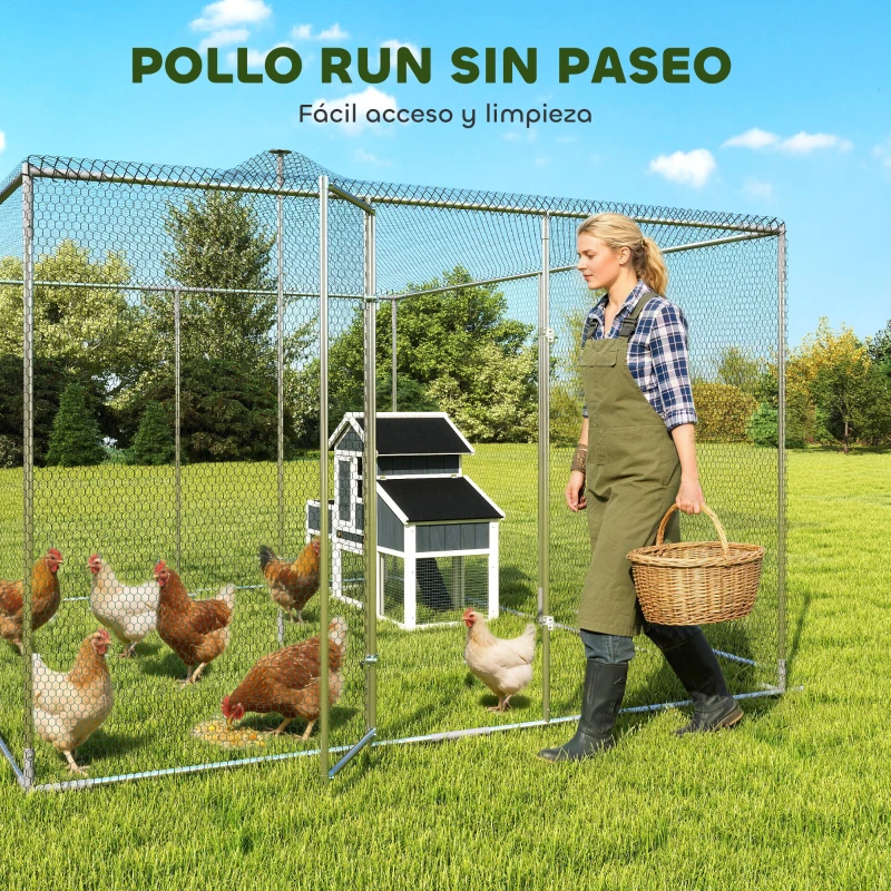 PawHut Gallinero para Exterior Grande 4x3x1,97 m 12 m² Gallinero de Acero Galvanizado con Puerta con Doble Cierre Plata