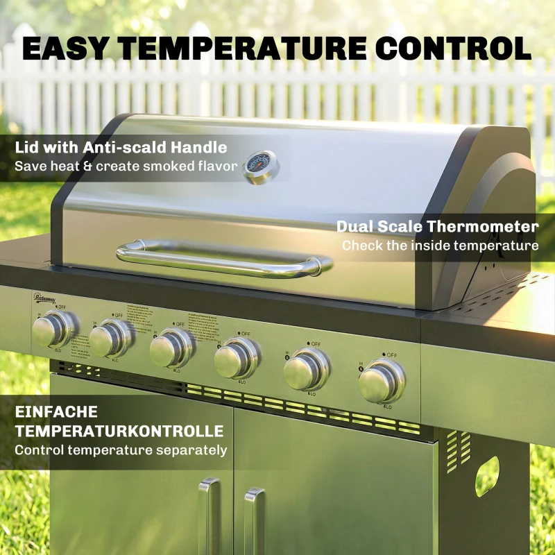 Outsunny 6 Burner Liquid Propane Gas BBQ Grill, Outdoor Portable Gas Barbecue Grill with Warming Rack, Side Tables, Cabinet