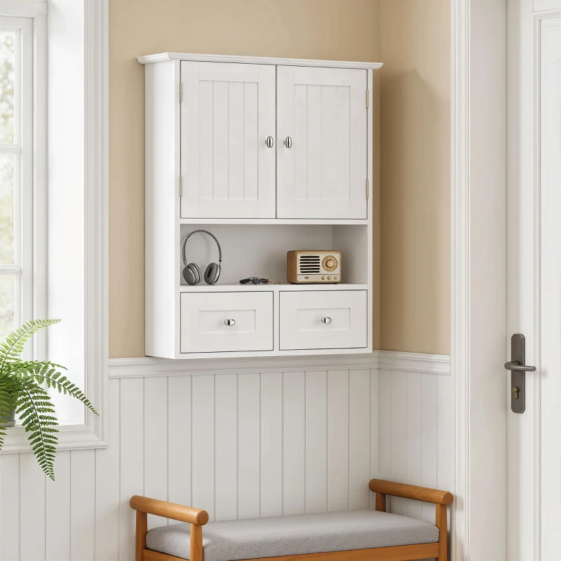 kleankin Armadietto Pensile Bagno a 2 Ante con Ripiano Aperto e 2 Cassetti in Legno, Bianco