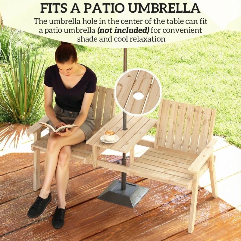 Outsunny 2-Seater Garden Loveseat with Table and Parasol Hole for Porch, Patio, Natural Wood Finish