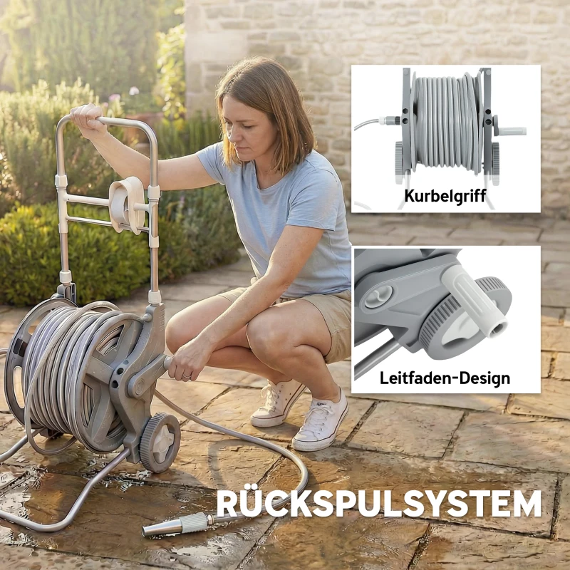 Outsunny Schlauchwagen 45 m Schlauchtrommel mit 2 Sprühmustern, Wasserhahnadapter Kurbel 2 Rädern 45 x 44 x 78 cm Grau