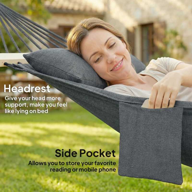 Outsunny Cotton Hammock, Soft Portable Swing Sleeping w/ Headrest & Side Pocket, Dark Grey