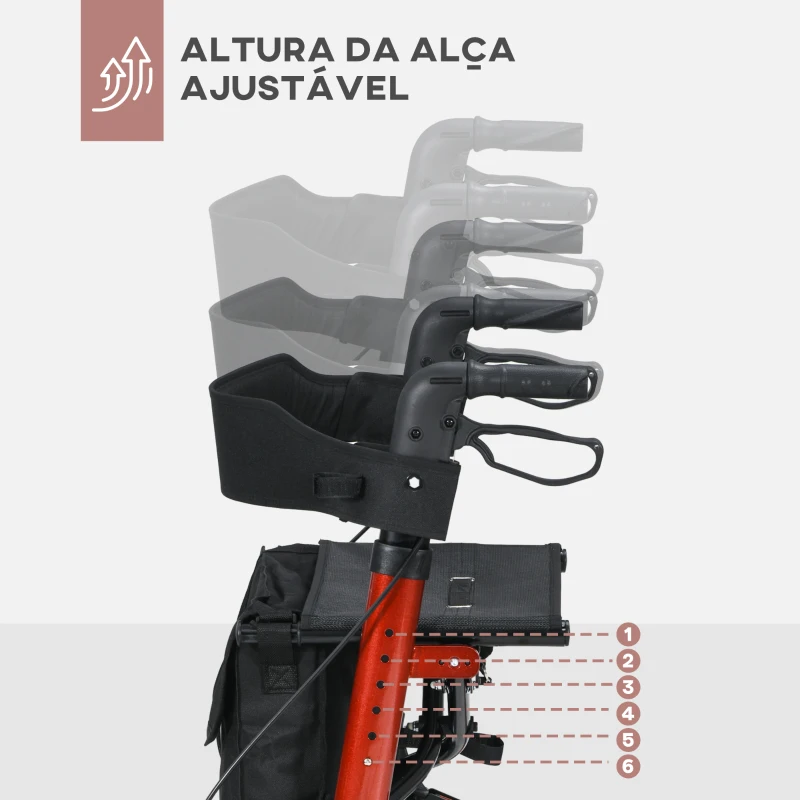 HOMCOM Andarilho para Idosos Dobrável em Alumínio com Assento 4 Rodas Altura Ajustável Travões de Mão Vermelho e Preto