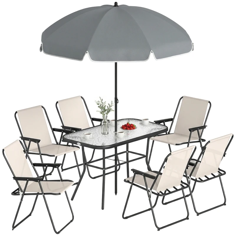 Outsunny 8 Piece Garden Dining Set with Umbrella Garden Furniture Set with 6 Folding Chairs, Tempered Glass Table for Patio Cream