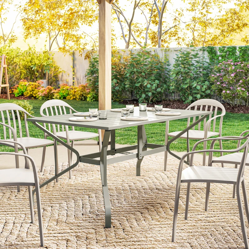 Outsunny Rectangle Garden Table with Parasol Hole, Outdoor Dining Table for 6, Patio Table for Balcony, 150cm x 90cm, Light Grey