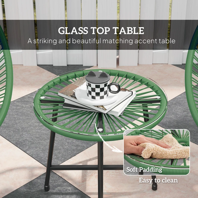Outsunny Rattan Bistro Set with Acapulco Chairs and Glass Table, Green