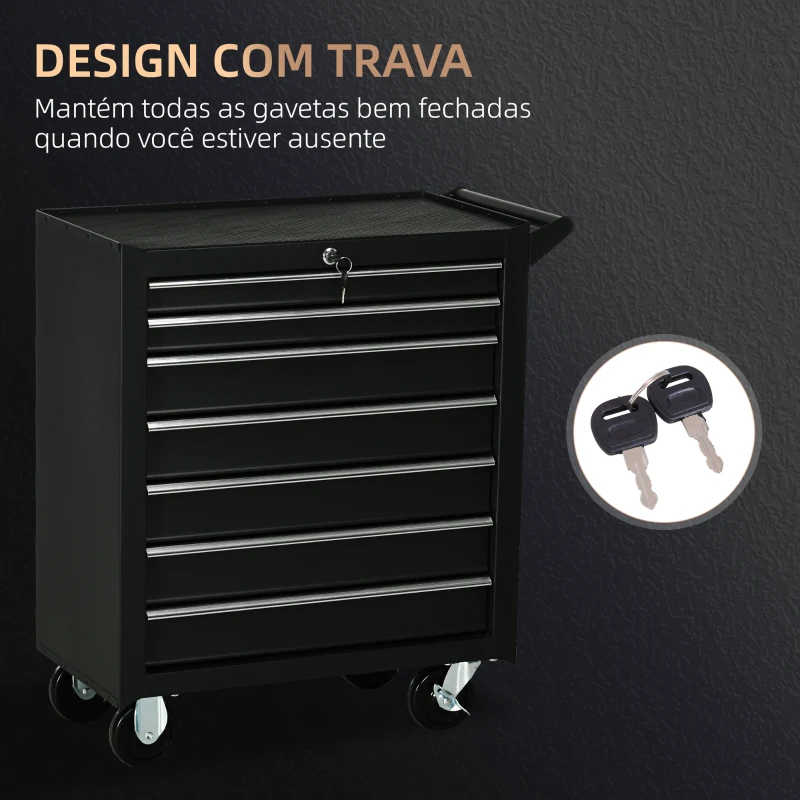 DURHAND Carrinho de Ferramentas com 7 Gavetas Rodas Trava Armário de Armazenamento para Oficina de Garagem e Chapa de Aço 69x33x75 cm Preto