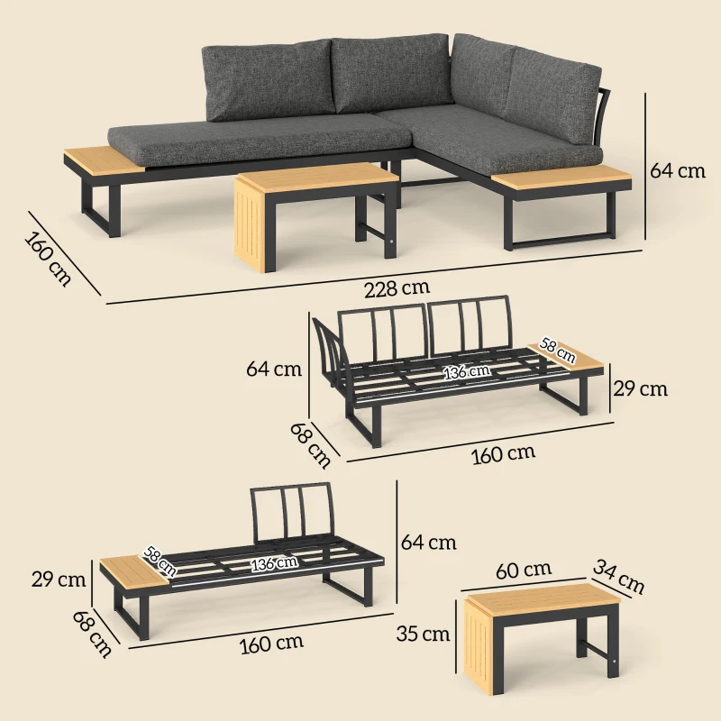Outsunny 4 Seater L Shaped Aluminium Sectional Garden Furniture Set with 2 Loveseats and Wood-Plastic Coffee Table - Natural Wood