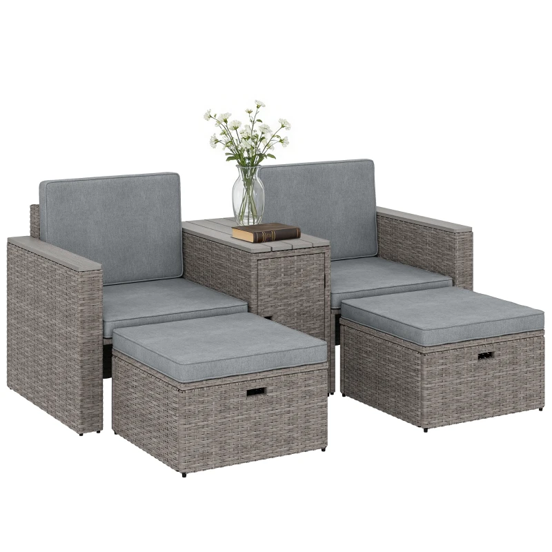Outsunny 5 Piece Rattan Garden Furniture Set with Storage Table, Footstools, Cushions, Dark Grey