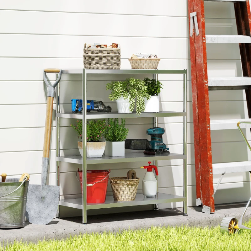 HOMCOM Raft de bucătărie cu 4 niveluri ajustabile pe 10 înălțimi diferite, din oțel inoxidabil, 91x40x108 cm, argintiu