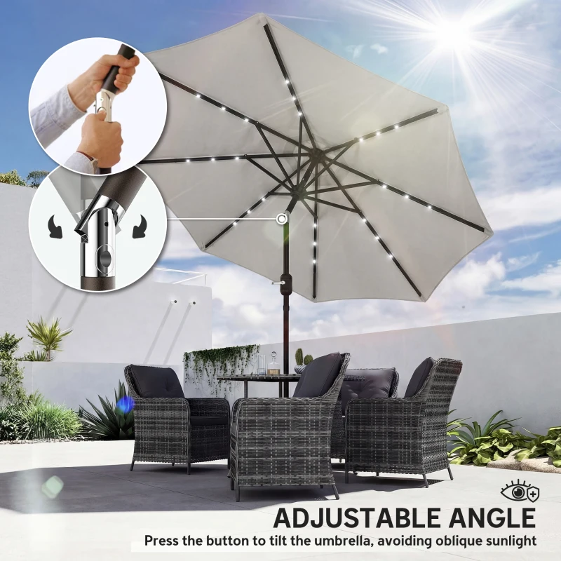 Outsunny 2.6 m Garden Parasol Umbrella with LED Solar Light, Parasol Cover, Outdoor Market Patio Umbrella, Light Grey