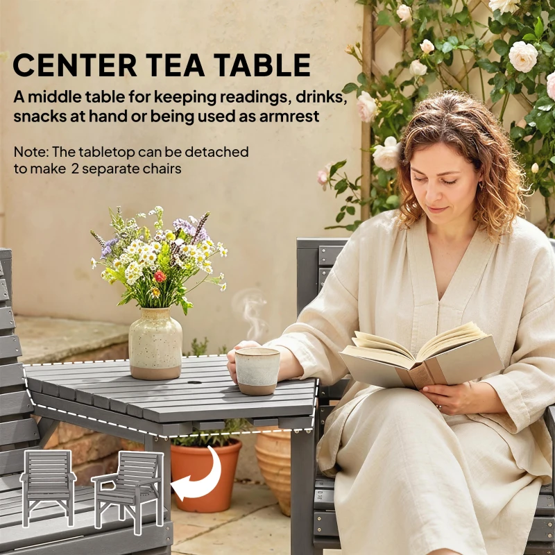 Outsunny Wooden Garden Bistro Set, 2 Seater Wooden Outdoor Table and Chairs with Parasol Hole for Patio, Light Grey