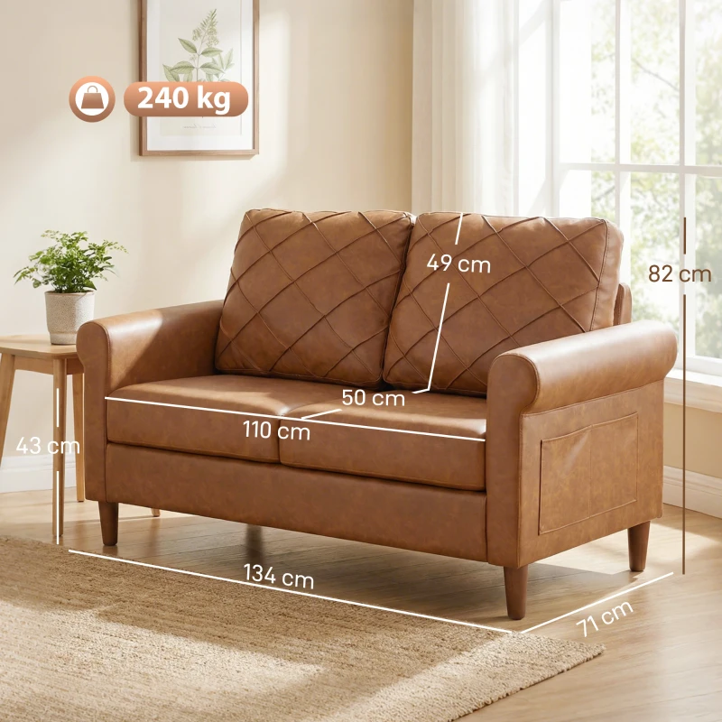 HOMCOM Sofá de 2 Plazas de PU con Patas de Madera Respaldo con Costuras Sofá Moderno para Salón Dormitorio Marrón