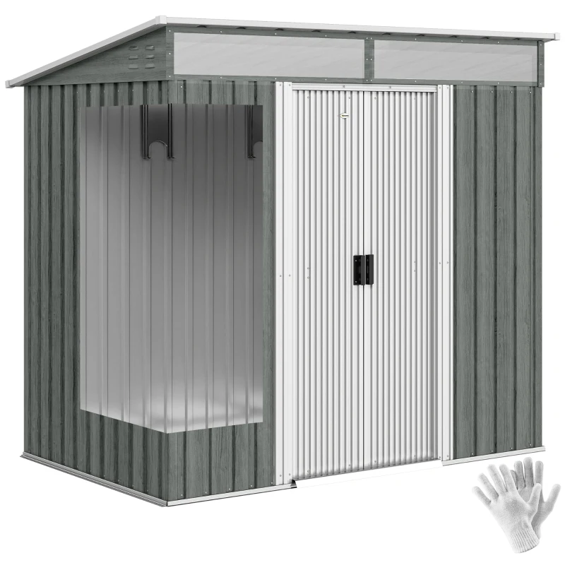 Outsunny Abrigo de Jardim Exterior 2 m² 195x122x181,5 cm Abrigo Metálico com Base SEM CHÃO 2 Portas de Correr Janelas Cinza Claro