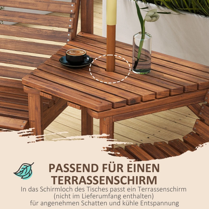 Outsunny Bistro-set 3-delig van hout, weerbestendig tuinmeubelset met lamellenontwerp en parasolgat Verkoold