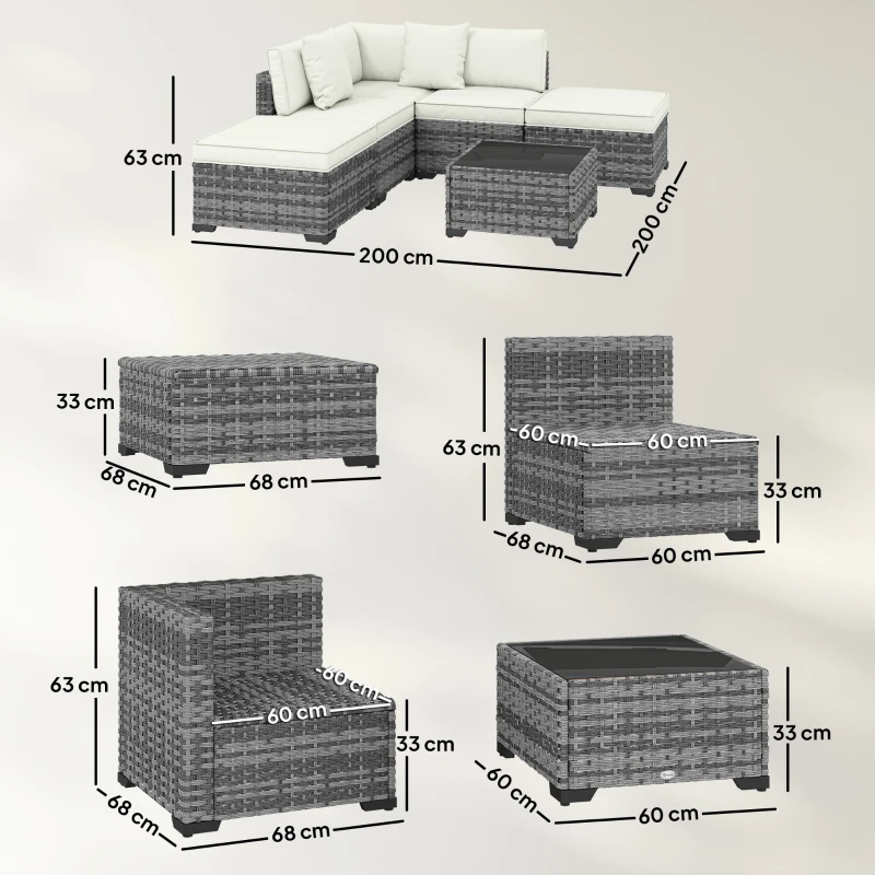 Outsunny Set de Muebles de Jardín en Rattan de 6 Piezas con Sillón Angular, Sillas Sin Reposabrazos, Reposapiés y Mesa, Gris Combinado