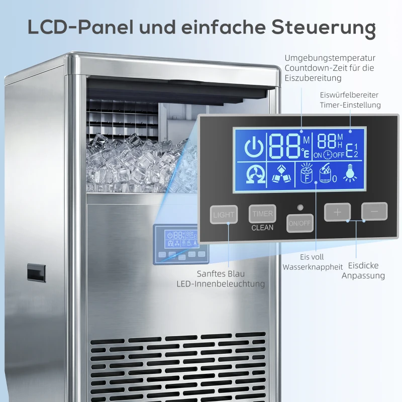 HOMCOM Commerciële Ijsblokjesmachine 45 kg/24 uur, roestvrij staal, met 15 kg opslag, zelfreiniging, zilver