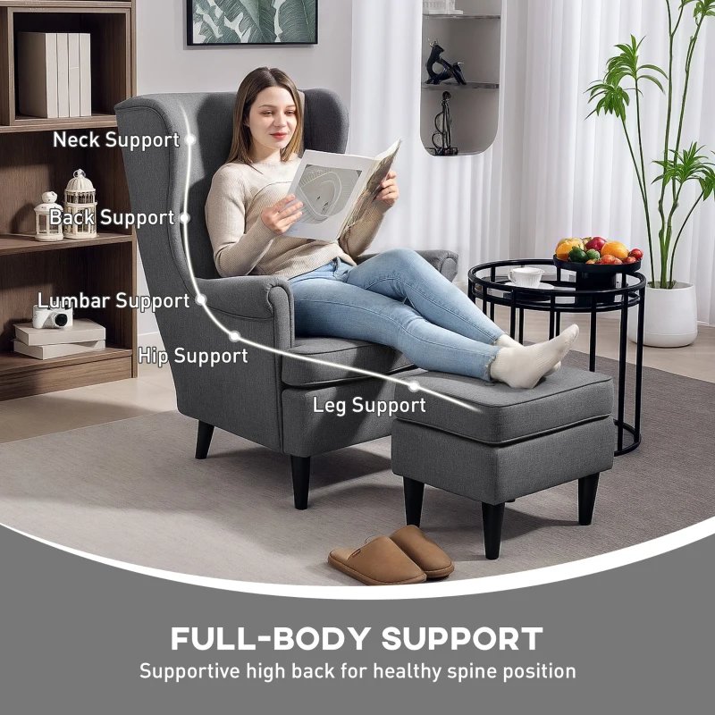 HOMCOM Oorfauteuil met Voetkruk, Gestoffeerde Fauteuil met Rubberhouten Poten, Stoffen Bekleding, Grijs