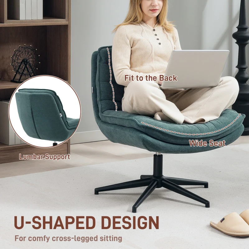 HOMCOM Criss Cross Office Chair, Armless Computer Desk Chair No Wheels with Wide Seat, Double-Tier Padding, Fabric Upholstery, for Home, Dark Green