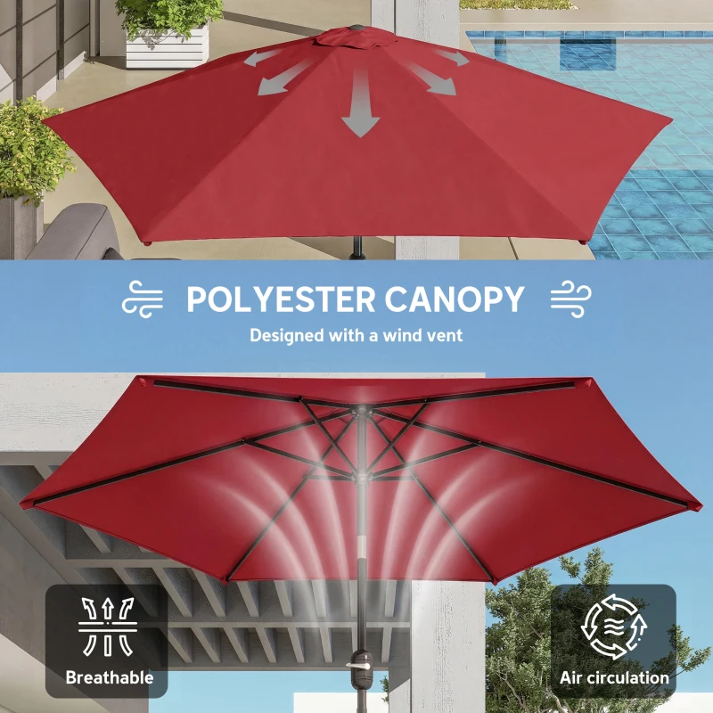 Outsunny 2.6 m Garden Parasol Umbrella with Aluminium Pole, Outdoor Patio Umbrella with Tilt and Crank, Vent, Wine Red