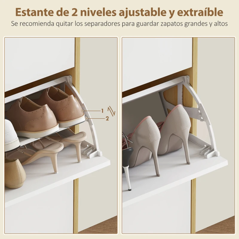 HOMCOM Zapatero Estrecho con 3 Puertas en Blanco Brillo Estantes Ajustables Patas de Madera para 18 Pares de Zapatos
