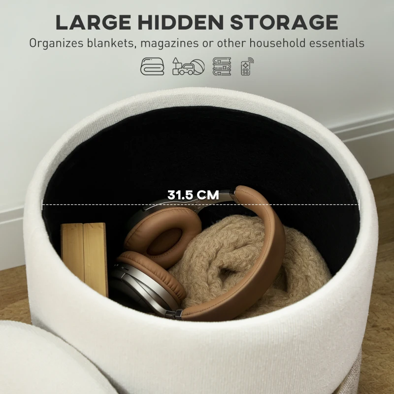 HOMCOM 36cm Round Storage Ottoman, Upholstered Chenille Footstool with Removable Lid, Vanity Stool for Living Room, Bedroom, Cream