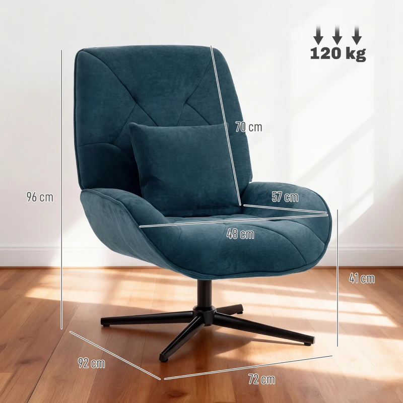 HOMCOM Accent Chair, Chenille Upholstered Swivel Armchair with Lumbar Pillow, High Back, Deep Seat and Metal Legs, Dark Green