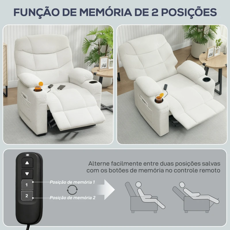 HOMCOM Poltrona Relax Reclinável Elétrica com Função Memória Apoio para Pés Controlo Remoto e Porta USB 94x90x105 cm Creme