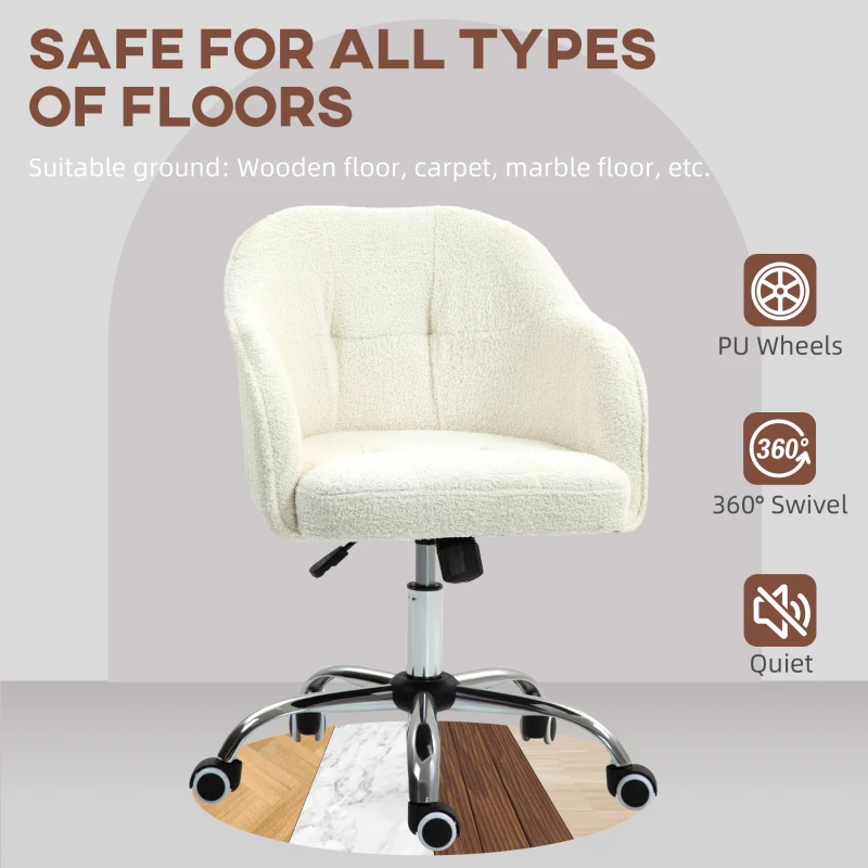 HOMCOM Fotel biurowy do home office, Ergonomiczny fotel obrotowy z funkcją kołysania, Wykończenie w stylu Teddy 56 x 61 x 86 cm Kremowy