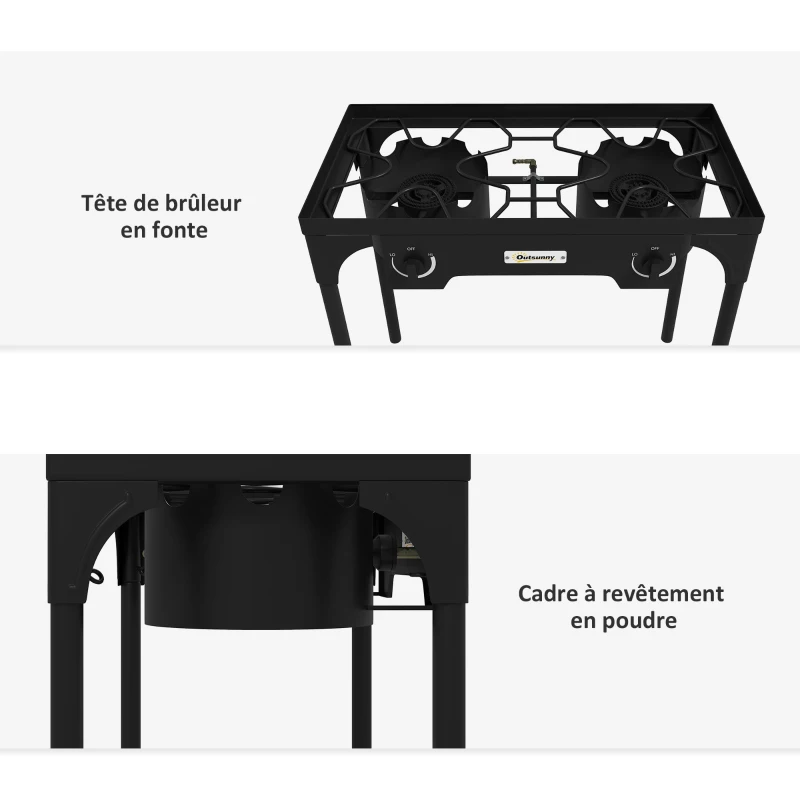 Outsunny Réchaud 2 brûleurs au propane portable 150 000 BTU/h avec 2 pieds amovibles pour extérieur, camping, métal moulé