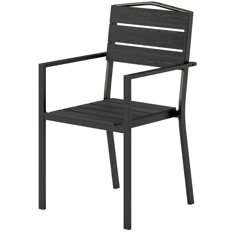 Outsunny Stackable Garden Chairs Set of 4, Garden Dining Chairs with Slatted HDPE Seat Back, Armrests, Metal Frame, Black