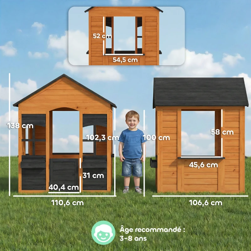 AIYAPLAY Kinderspielhaus für draußen aus Holz, Halbtür, Fenster, Pflanzkästen, 3-8 Jahre, hellbraun
